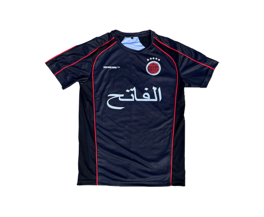 THE CONQUEROR FOOTBALL TEE (BLACK) (RED AND WHITE DETAILS)