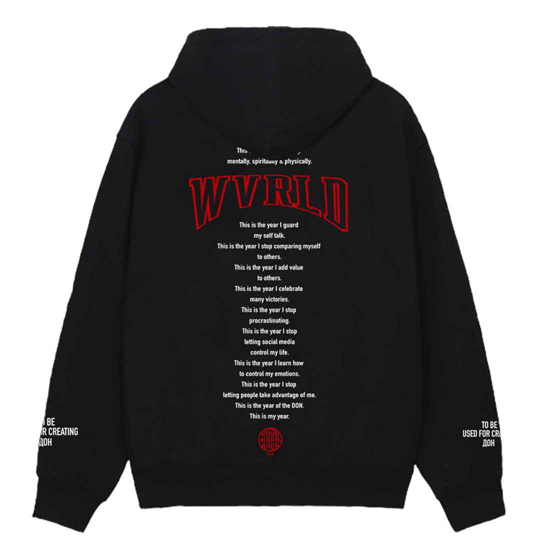 MY YEAR HOODIE 2025 (BLACK) (RED AND WHITE PRINT)