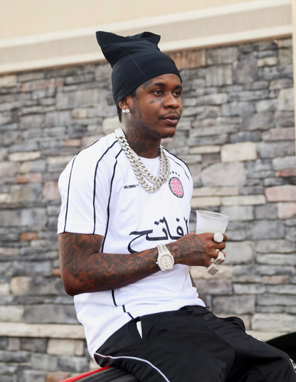 THE CONQUEROR FOOTBALL TEE (WHITE) (BLACK AND RED DETAILS)