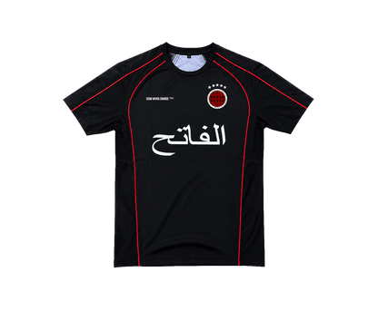THE CONQUEROR FOOTBALL TEE (BLACK) (RED AND WHITE DETAILS)