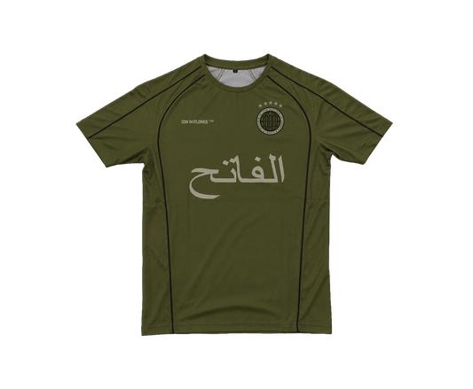 THE CONQUEROR FOOTBALL TEE (ARMY GREEN) (BLACK AND OFF-WHITE DETAILS)