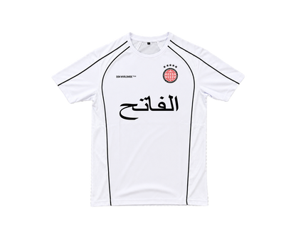 THE CONQUEROR FOOTBALL TEE (WHITE) (BLACK AND RED DETAILS)