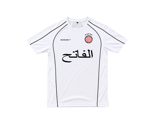 THE CONQUEROR FOOTBALL TEE (WHITE) (BLACK AND RED DETAILS)