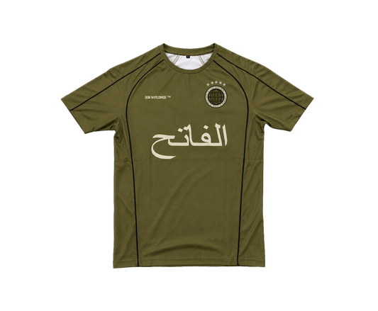 THE CONQUEROR FOOTBALL TEE (ARMY GREEN) (BLACK AND OFF-WHITE DETAILS)