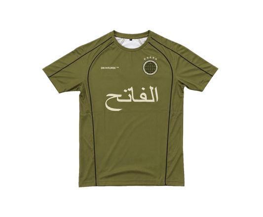 THE CONQUEROR FOOTBALL TEE (ARMY GREEN) (BLACK AND OFF-WHITE DETAILS)